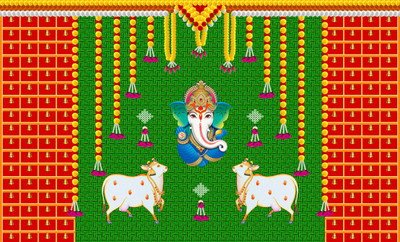 CLASSYPRINT Marigold Flower with Cows and Ganesh ji Design(Green)