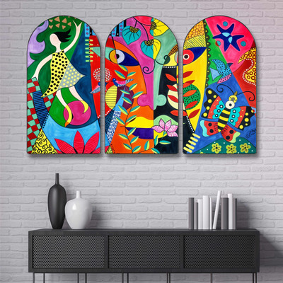 Aartify Abstract Modern Wall Art | 3 Panel Vibrant Multicolor Art with Butterfly, Face Digital Reprint 30 inch x 50 inch Painting(With Frame, Pack of 3)