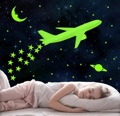AAYUSH ENTERPRISES Glow in The Dark Beautiful Aeroplane with Moon and Stars Pack of 150(24 cm X 30 cm, Multicolor)