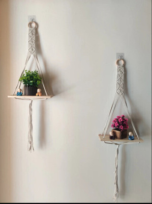 FAJRTRADERS Macrame Wall Shelf for Plants Decor PlanT Hanging Floating Shelf Boho Decor Set(25 cm X 9 cm, White)