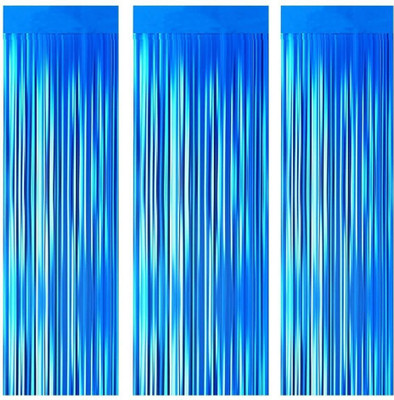 PopTheParty 10 Feet x 6 Feet Blue Foil Fringe Backdrop Curtain Birthday Party Decorations Pack of 3(2 m X 3 m, Blue)