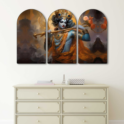 Aartify Lord Krishna Playing Flute Wall Decor 3 Panel Set | Divine Spiritual Art on MDF Digital Reprint 30 inch x 20 inch Painting(With Frame, Pack of 3)