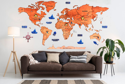 ELK 3D Wooden World Map Wall Décor Metallic Color(69 cm X 120 cm, M (120x69CM))