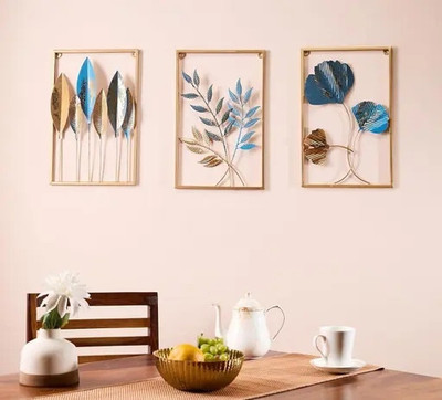 MAHIARTNCRAFT Metallic Leaf Wall Art Set of 3 Panels For Home Decor and Wall Mounting(18 inch X 12 inch, Multicolor)