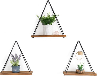swastik store Macramé Wall Hanging Shelf: Handcrafted 3-Tier Pine Wood Floating Shelves Pack of 3(8 inch X 4 inch, White)