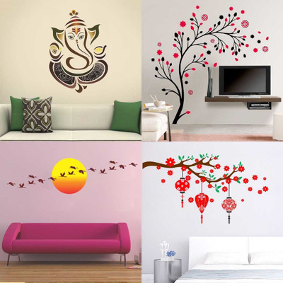EJAart 45 cm Royal Ganesh+magical tree+Red flower & lantern+Sunrise & Flying Bird Self Adhesive Sticker(Pack of 4)