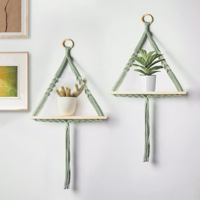 TIMJO Macrame Wall Hanging Shelf Natural Pine Wood Spiral Knot Cotton Pack of 2(27 inch X 12 inch, Green)