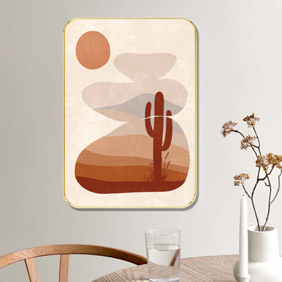 SAF PRINT Desert Cactus Wall Art – Abstract Sunset Landscape with Golden Frame(24 inch X 18 inch, Green)