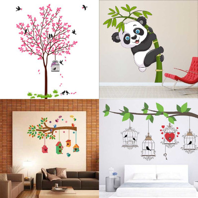 EJAart Pink Tree Bird & Nest+Baby Panda+Bird House Branch+Birdcase Key Pack of 4(White)