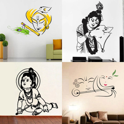 EJAart 70 cm Combo Set of 4 Wall Stickers | krishna with cow | Radhe Krishna with Flute Self Adhesive Sticker(Pack of 2)
