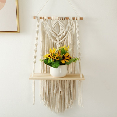 Aain Macrame Wall Hanging Shelf|Bohemian patten|living Room Shelf(White)
