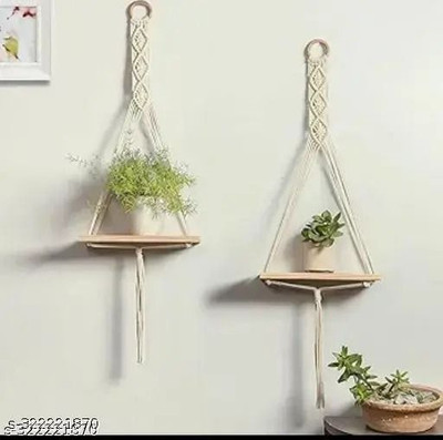CRAZY SK Macrame Wall Hanging Shelf Cotton Rope Natural Pine Wood (PACK OF 2 , WHITE) Pack of 2(25 cm X 9 cm, White)