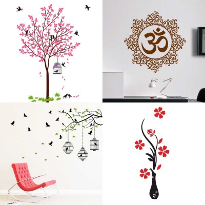 EJAart Pink Tree Bird & Nest+Designer Om+Flower Vase Red+Flying birds & case Pack of 4(Red)