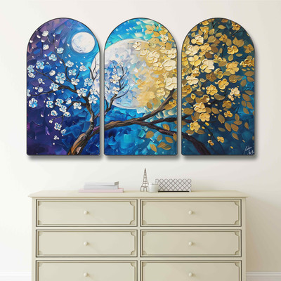 saf Blue and Golden Moonlight Tree Wall Art | Set of 3 Panel Textured Art Digital Reprint 30 inch x 50 inch Painting(With Frame, Pack of 3)