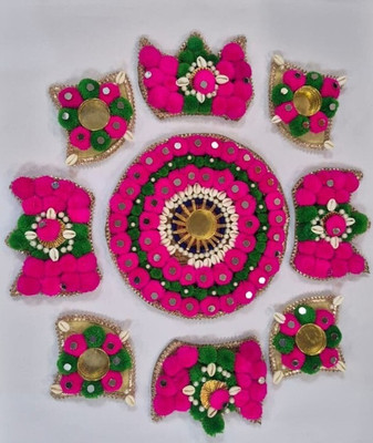 Artizen Creation Handmade Pink & Green Decorative Rangoli with Candle Holder – Festive Décor Pack of 9(Multicolor)