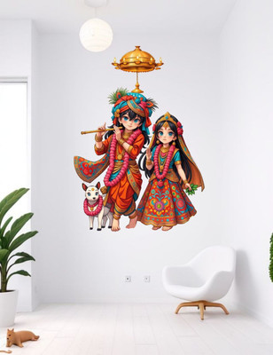 DEEYA CREATION Beautiful Krishna Radha Wall Sticker with Cow & Umbrella |(Multicolor)