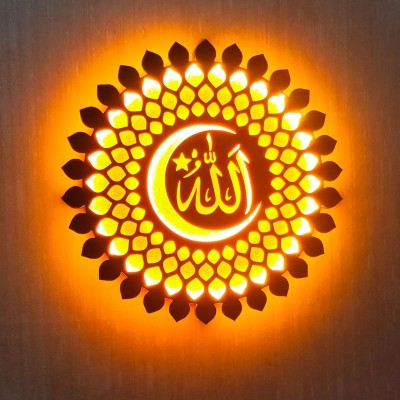 OM MANDALA CREATION Star And Crescent Symbols of Islamic Wall Hanging Backlit LED Wall Decor(12 inch X 12 inch, Brown, Golden Yellow)