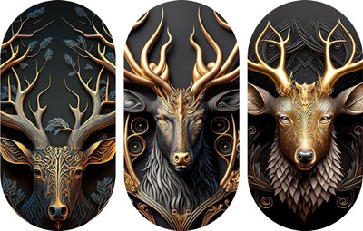 BookYourGift Golden Deer Design Wooden Plank Set Of 3 Decor Pack of 3(12 inch X 17 inch, Multicolor)