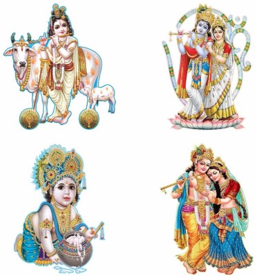 EJAart 70 cm Combo Set of 4 Wall Stickers| Radha Krishna with Om|Bal Gopal with Makhan Matki Self Adhesive Sticker(Pack of 2)