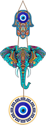 Vkraft Elephant Shaped Evil Eye Wall Hanging – Engineered Wood Decorative Charm(45.72 cm X 16.51 cm, Multicolor)