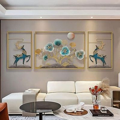 Sample Wall Ginkgo Leaf and Deer Metal 3 Pieces Large Nature Art Decorative Metal Pack of 3(30 inch X 6 inch, Multicolor)