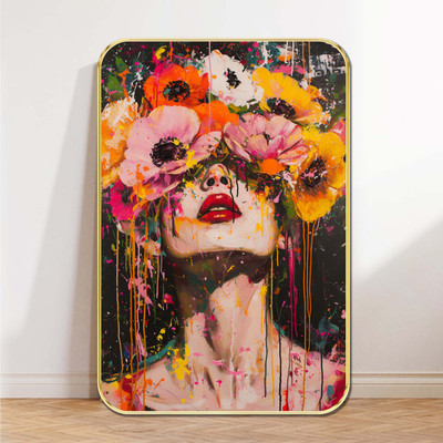 Aartify Bold Abstract Floral Woman Wall Art | Vibrant Expressionist Painting Digital Reprint 24 inch x 18 inch Painting(With Frame)