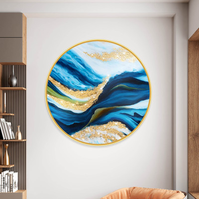 SAF PRINT Blue & Gold Abstract Wave Wall Art | Modern Round Wall Art with Golden Frame(Multicolor)