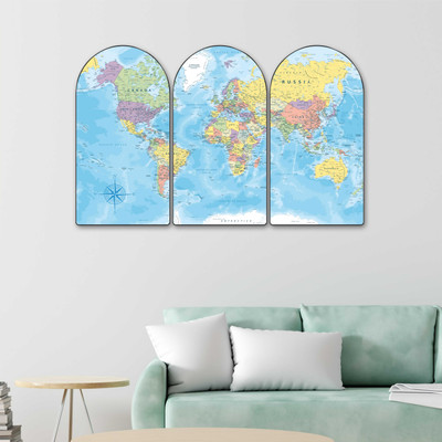 SAF PRINT Blue World Map Arch Shape Triptych Painting | Educational Wall Art Set of 3 Pack of 3(24 inch X 36 inch, Pink)