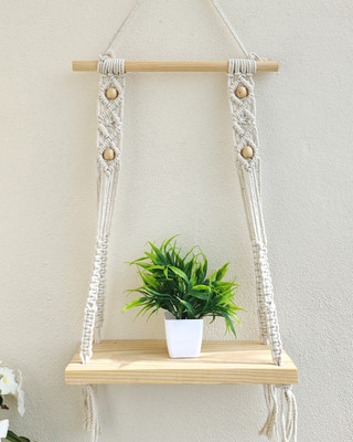 Kasba Macrame Wall Hanging Shelf| Plant Shelf | Multipurpose Bohemian Decor(OFF-White)