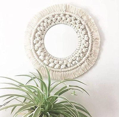 THE TOP KNOTT Macrame Hanging Wall Mirror Round Mirror Art Boho Decor Mirror(White)
