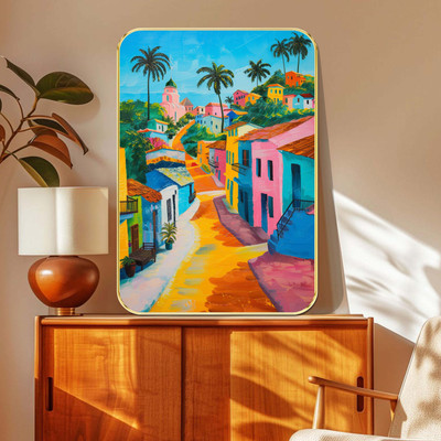 Aartify Colorful Tropical Village Wall Decor | Vibrant Street Scene with Trees & Houses Digital Reprint 19.5 inch x 13.5 inch Painting(With Frame)