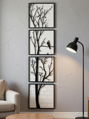 Sankalp Modern Silhouette Bird on Tree Branch MDF Wall Art Pack of 4(8 inch X 8 inch, Black)