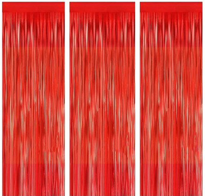 PopTheParty 10 Feet x 6 Feet Red Foil Fringe Backdrop Curtain Birthday Party Decorations Pack of 3(2 inch X 3 inch, Red)