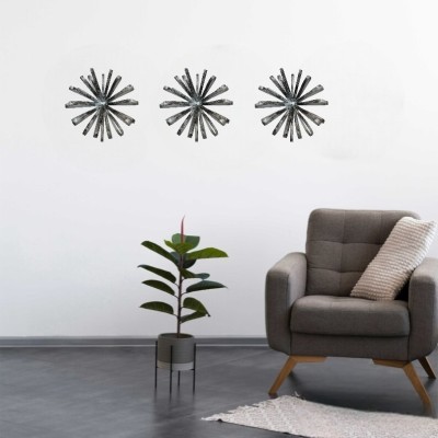 Garden Deco Metal Black and Grey Flower Wall art for Living room and Home decoration, Pack of 3(16 cm X 6.5 cm, Grey)