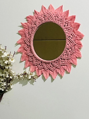 ZAWI Macrame Wall Mirror with Boho Fringes for Apartment Living Room Bedroom(40 cm X 40 cm, Pink)