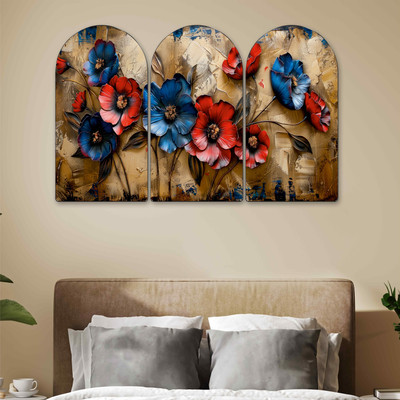 SAF PRINT Floral Arch Shape Set of 3 Wall Painting | Blue & Red Flower Decorative Panels Pack of 3(20 inch X 30 inch, Blue)