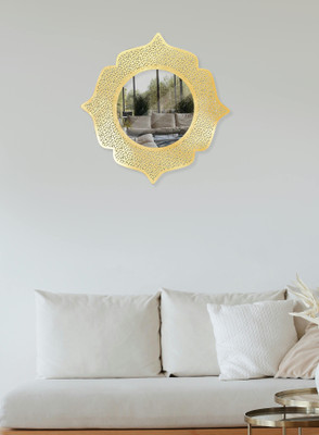 Universal Creation Trendy Mirror For Home Decorative Modern Designer Round Metal Frame Wall Mirror(43 cm X 43 cm, GOLDEN)