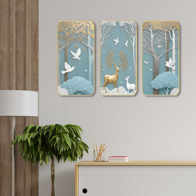 Aartify Golden Deer & Birds Forest 3 Panel MDF Wall Painting for Modern Home Decor Digital Reprint 20 inch x 35 inch Painting(With Frame, Pack of 3)