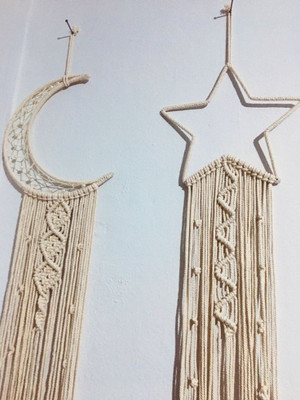 TIMJO Handmade Macrame Star Moon Dream Catcher Boho Wall Hanging Decor Pack of 2(30 inch X 10 inch, OFF WHITE)