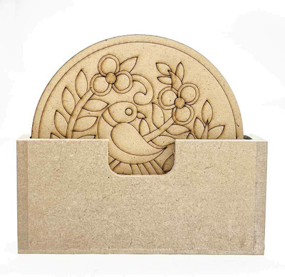 ADIKALA Round Shaped Madhubani & Bird Motifs MDF Coaster With Stand DIY 4.5 INCH Pack of 6(Brown)