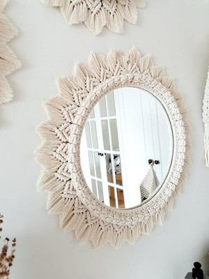 TIMJO Macrame wall Hanging mirror Home Decor, Boho Round Mirror.(40 cm X 40 cm, OFF WHITE)