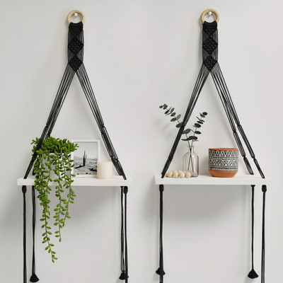 kevalimpex Macrame Wall Hanging Shelf Boho Wall Decor | Handmade Bohemian Home Decor Shelf Pack of 2(10 cm X 25 cm, Black)