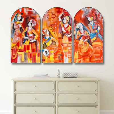 Aartify Tribal Folk Dance Wall Art | Abstract Art of Women Musicians & Dancers Digital Reprint 20 inch x 30 inch Painting(With Frame, Pack of 3)