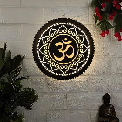 LASER ART Wooden Om Symbol Decorative LED Wall Light for Living Room, Meditation(Black and White)
