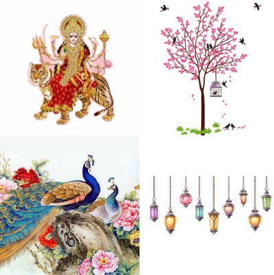 EJAart Sherawali Maa+Hanging Lamp+Pink Tree Bird & Nest+Royal Peacock Pack of 4(White)