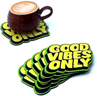 HOUZZ DECOR NEW_Good Vibes Only Reversible Wood Coaster Set Pack of 6(11.43 cm X 10.16 cm, Green)