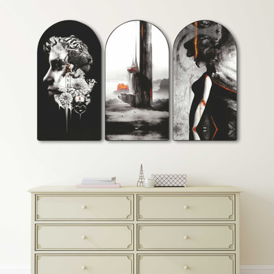 saf Abstract Black and White Wall Decor 3 Panel Set | Modern Face, Meditating Monk Digital Reprint 30 inch x 50 inch Painting(With Frame, Pack of 3)
