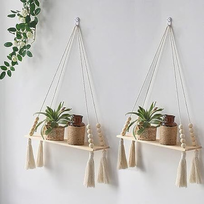 ZAWI Macrame Indoor Wall Hanging Shelf Chic Decor Wood Floating Boho Shelves Pack of 2(53 cm X 30 cm, OFF WHITE)