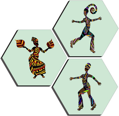 saf Set of 3 Hexagon dancing lady modern art UV Textured Painting Pack of 3(Multicolor)