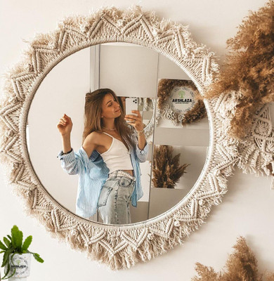 ARZOO Wall Hanging Macrame Decor Round Shap Mirror(White)